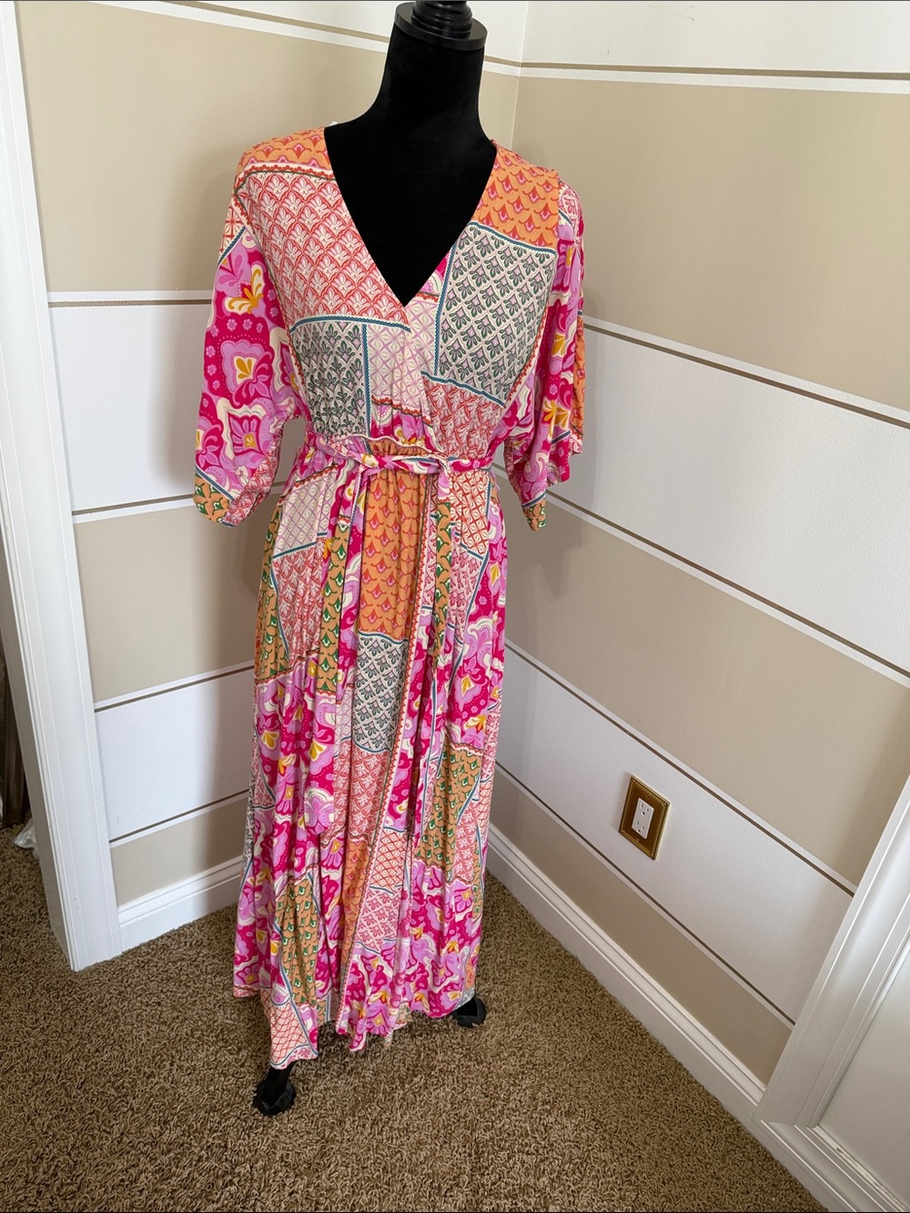 Aakaa Pink and Coral Patchwork V-Neck Maxi Dress with Waist Tie